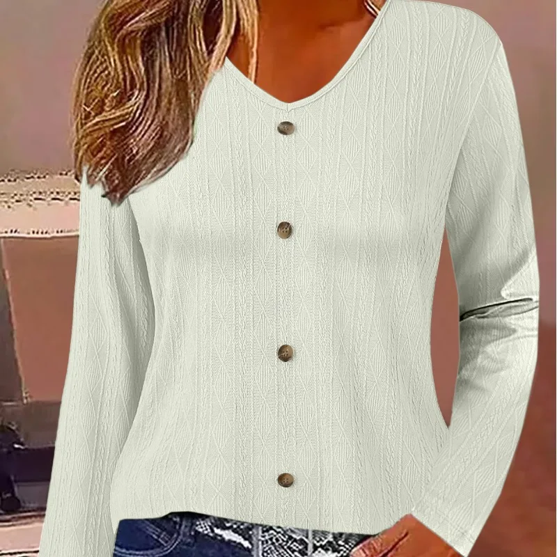 Spring Autumn Women's Pullover V-neck Solid Button Tie Flowers Long Sleeve T-shirt Underlay Fashion Office Lady Casual Tops