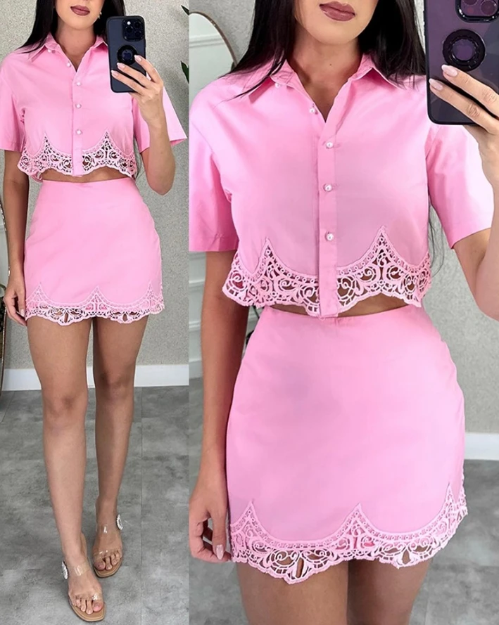 

2024 Summer Two Piece Set Women Elegant Lace Trim Buttoned Turn-down Collar Short Sleeve Shirt Top and Slim Fit Mini Skirt Set