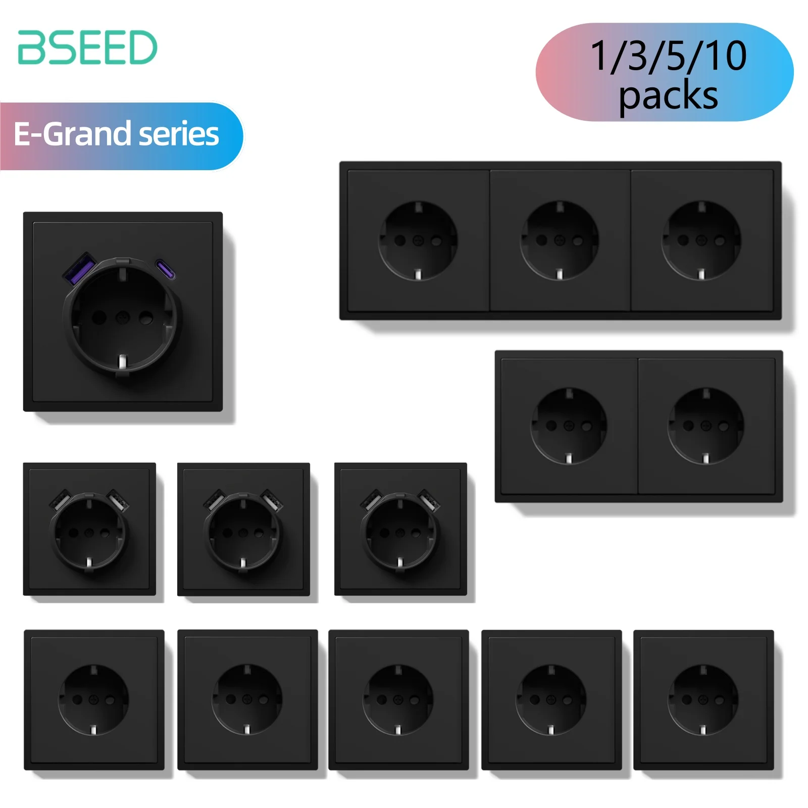 BSEED E-Grand série prise de courant murale prises électriques 20W Charge rapide USB type-c Port de Charge cadre en plastique noir