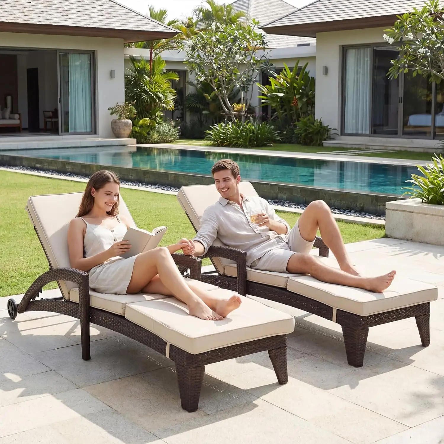 Patio Wicker Chaise Lounge Set of 4 with Wheels, Heavy Duty All Weather Lounger with Armrests for Outdoor, Khaki, Customized