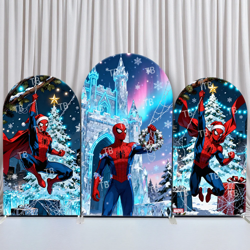 

Spider-Man Arch Backdrop Cover Christmas Ice Castle Festive Comic Night Style Birthday & Baby Shower Party Photo Booth