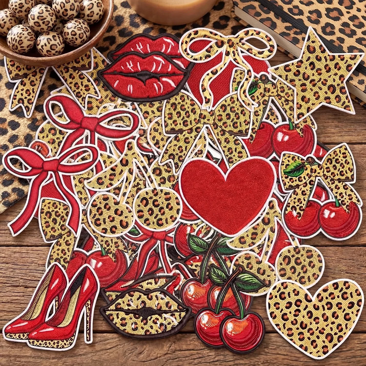 12pcs Cute Retro Iron-on Patches, Cheetah Print Cherry Lips Bow Heart Star High Heel Embroidered Patches for DIY Crafts, Bags Ba