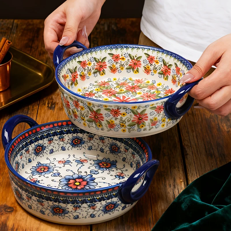 2 platos para hornear extragrandes con asas de fácil agarre - Plato para hornear grande de 32 oz/946 ml, adecuado para la familia, apto para microondas y lavavajillas, esmaltado antiadherente resistente al calor - Tazón redondo vintage para lasaña, pavo, ensalada, sopa - Acción de Gracias