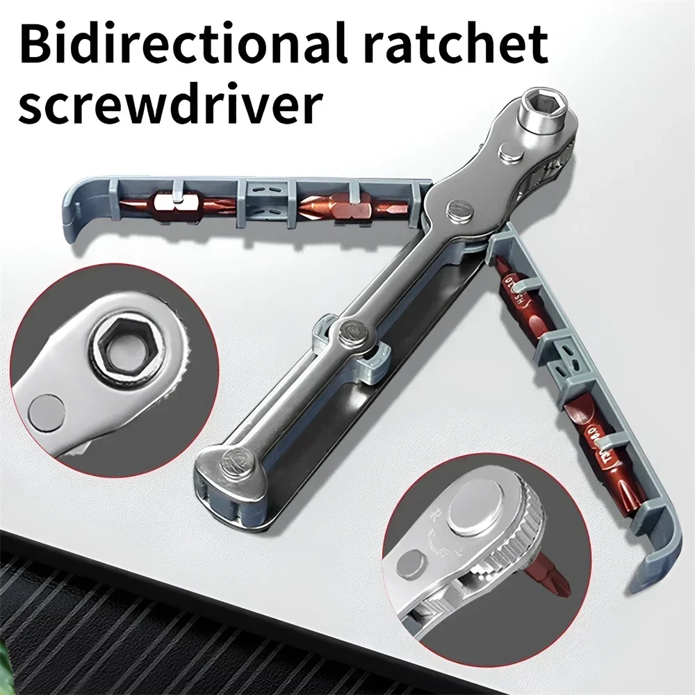Bidirectional Ratchet Screwdriver Set 6.35mm Foldable Right Angle Wrench with Cross Flat Torx Hex Bits Repair Hand Tool
