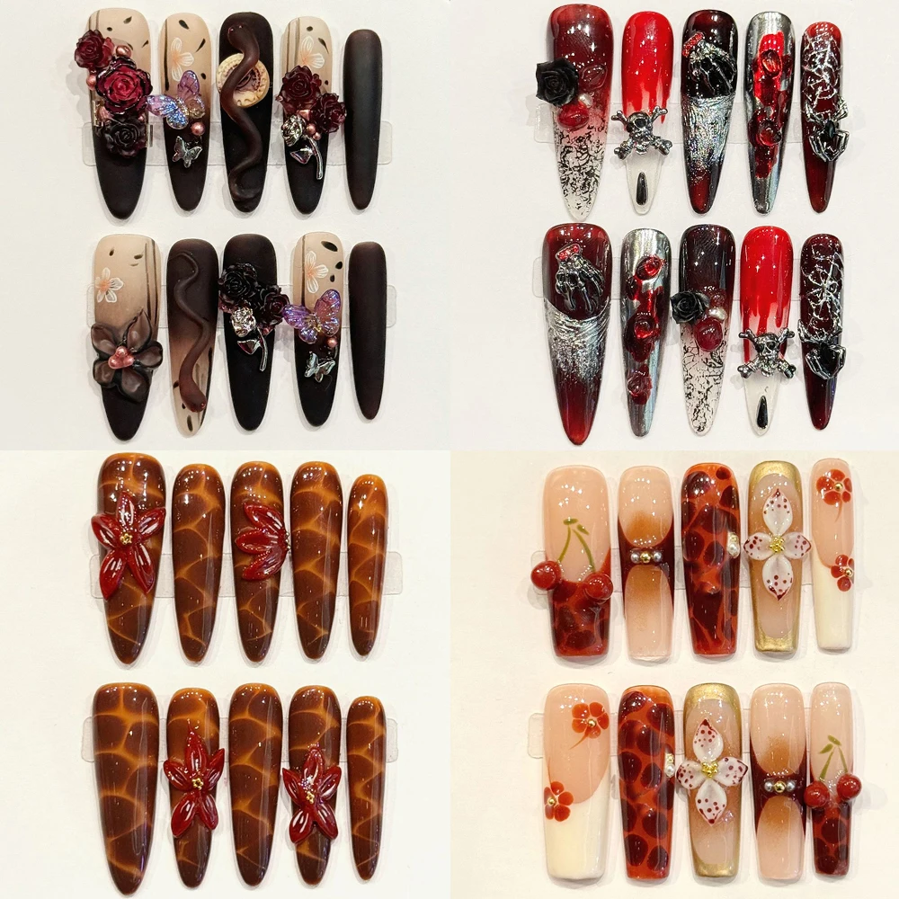 

Europe America Spice Girl Handmade Almond Stiletto Press On Nails 3D Flower Butterfly Spider Diamond Pearl French False Nails
