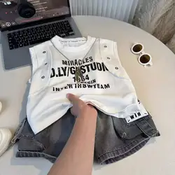 New Children's Fashion Designer Sleeveless Sleeve Pocket Jeans Shorts 2PCS Set Summer Baby Boys and Girls Casual Sport Clothes
