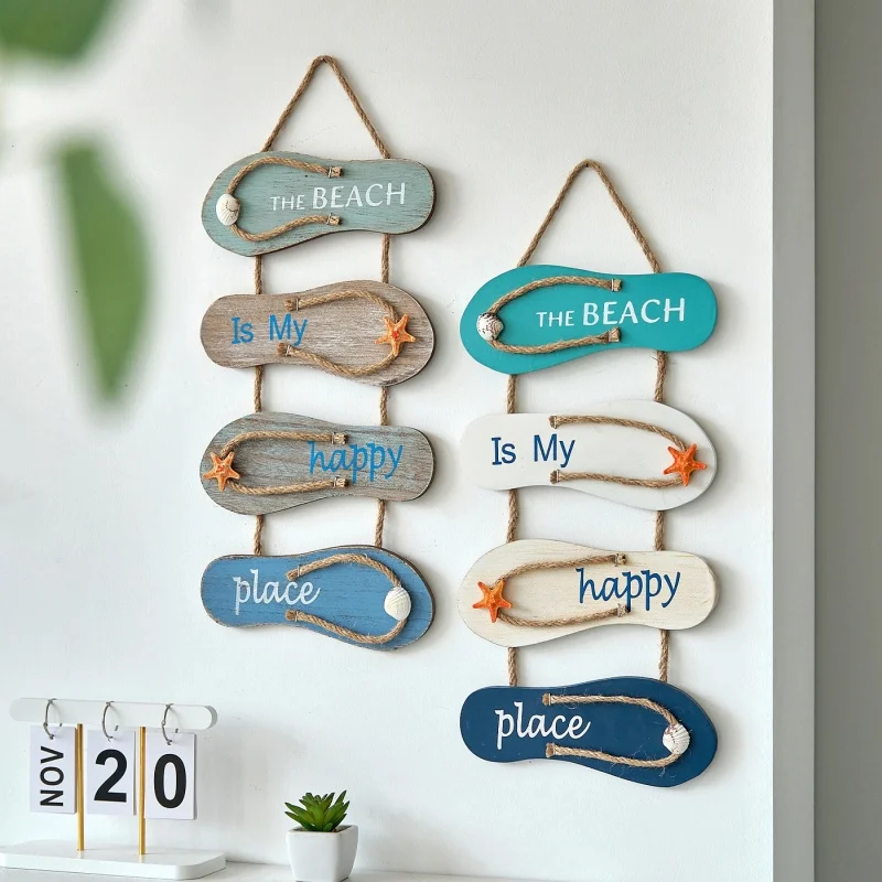 2sets Wooden Slippers Hanging Decorative Sign Wood Plaque Decoration Beach Wall Door Ornament