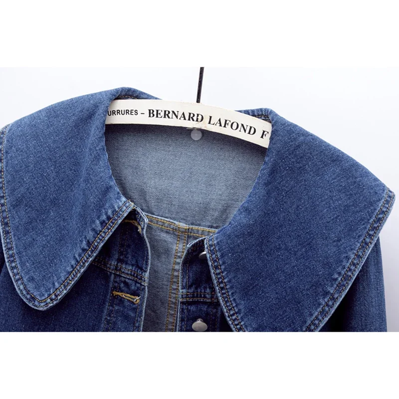 Vintage Dunkelblau Sailor Kragen Denim Jacke Frauen Lose Kurze Cowboy Oberbekleidung Langarm Große Tasche Jeans Jacke Mantel Weibliche