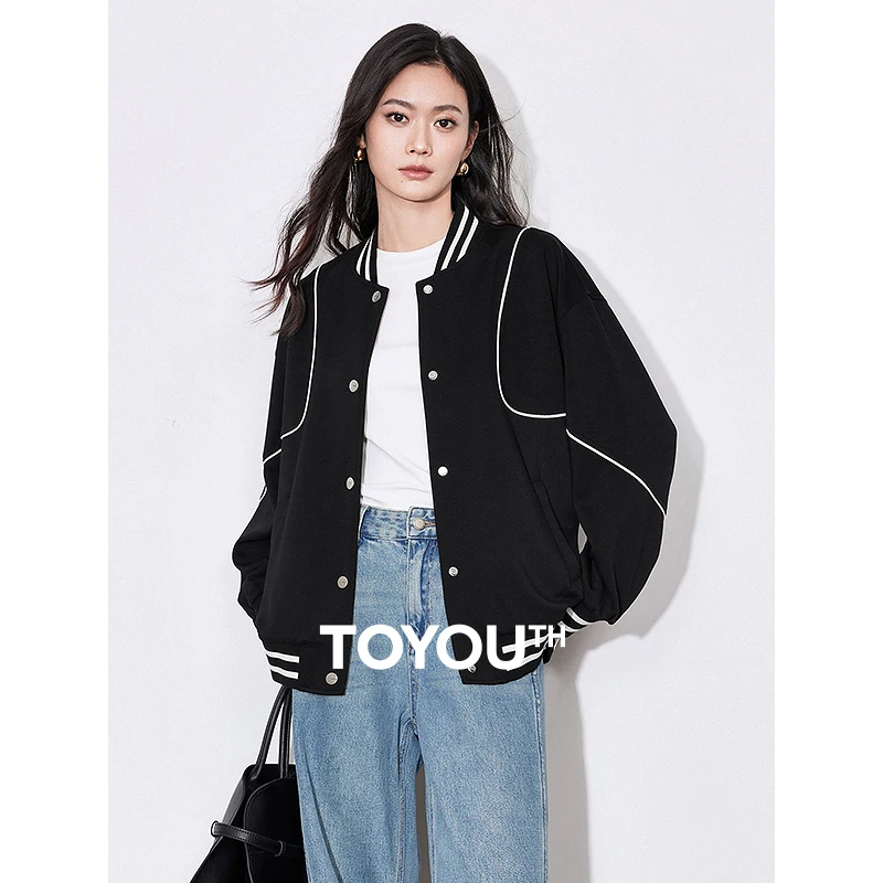 

TOYOUTH Women Baseball Jacket 2025 Spring New College Style Contrast Color Snap Button Long Sleeve Cardigan Jacket