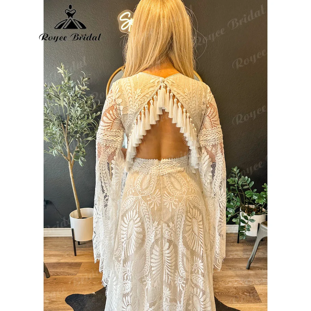 Tassel V Neck Lace Boho Bohemian Flare Sleeve Wedding Dress for Women 2025 Customzied Backless Bridal Gown vestidos boda civil