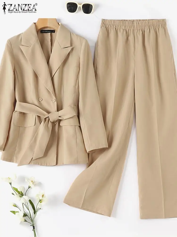 ZANZEA Stylish Pant Sets Women Commute Casual Blazer Elastic Waist Trousers 2pcs Outfits Elegant OL Wide Leg Suits