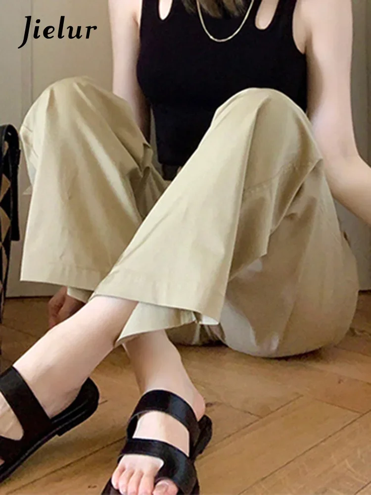 Jielur ارتفاع الخصر الأصفاد المستقيمة الإناث بنطال ذو قصة أرجل واسعة موضة بسيطة الأساسية ملابس العمل بلون الصيف الكاكي شيك سراويل نسائية