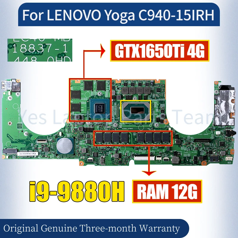 18837-1 For LENOVO Yoga C940-15IRH Laptop Mainboard 5B20S43057	i9-9880H RAM 12G GTX1650Ti 4G Notebook Motherboard 100％ Tested