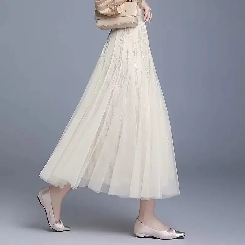 Maille paillettes Ankola rouge taille haute à la mode minceur mi-longue tempérament plissé tout Match demi-corps gaze jupe