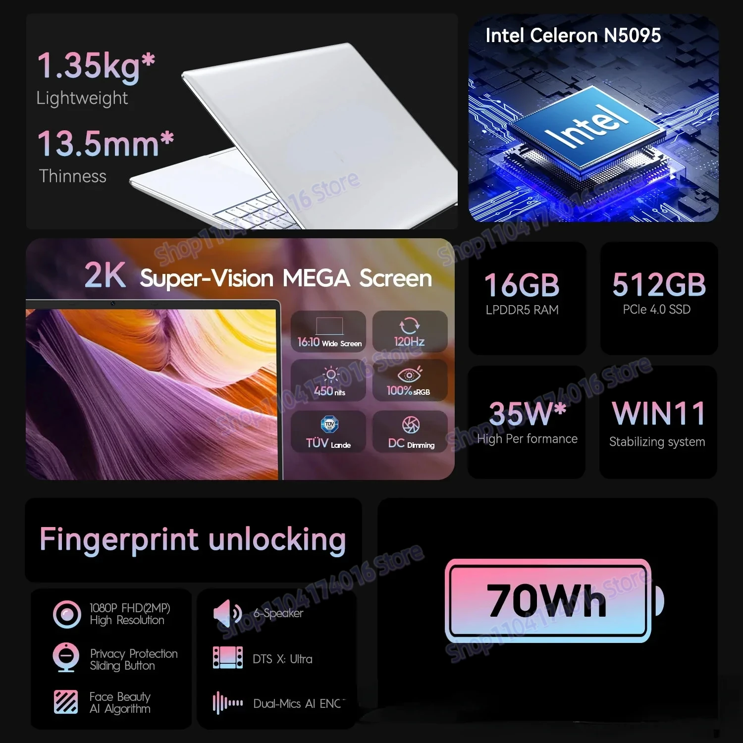 2025 Ultra-thin i9 15.6 Inch 16GB RAM 2TB SSD Intel N3700 Laptop with 1920x1080 Screen Office Study PC Windows11 Notebook New