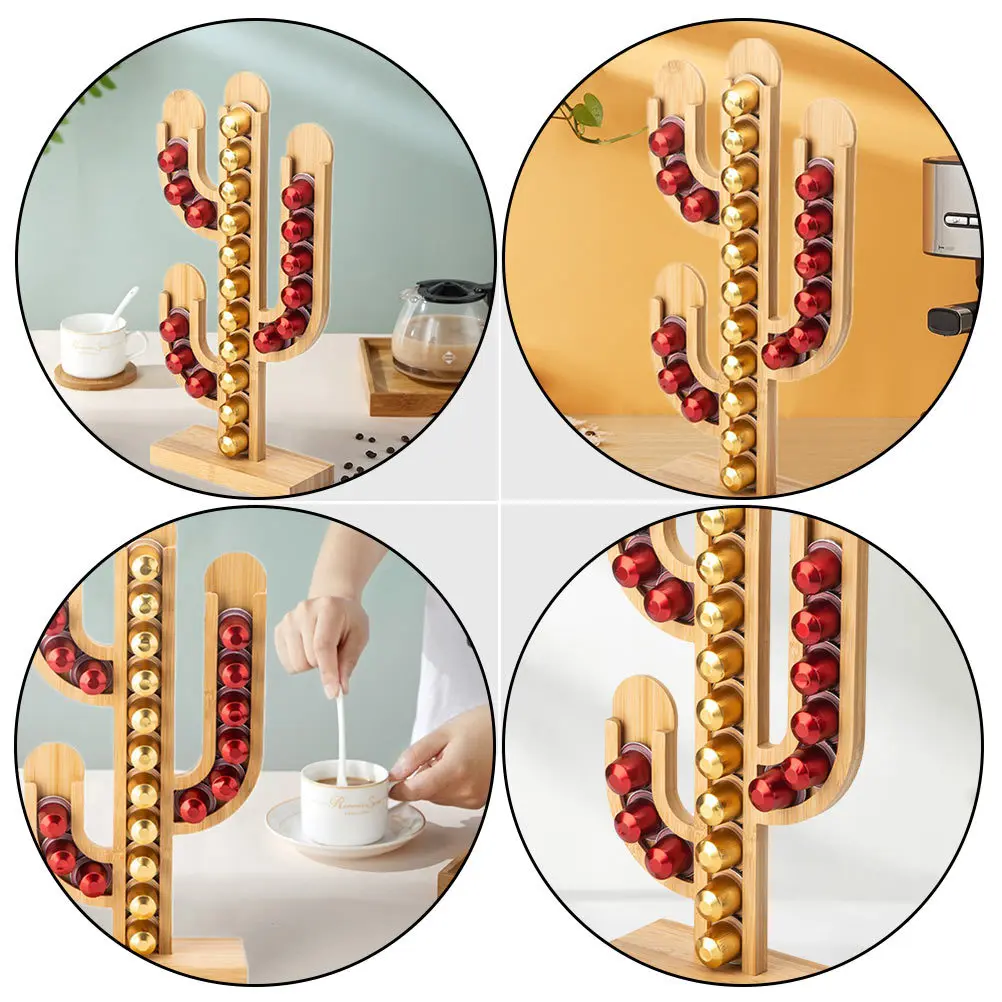 

1Pcs Bamboo Cactus-Shape Coffee Capsules Holder Stand Organizer Wear-Resistant Vertical Design Gift Idea Counter