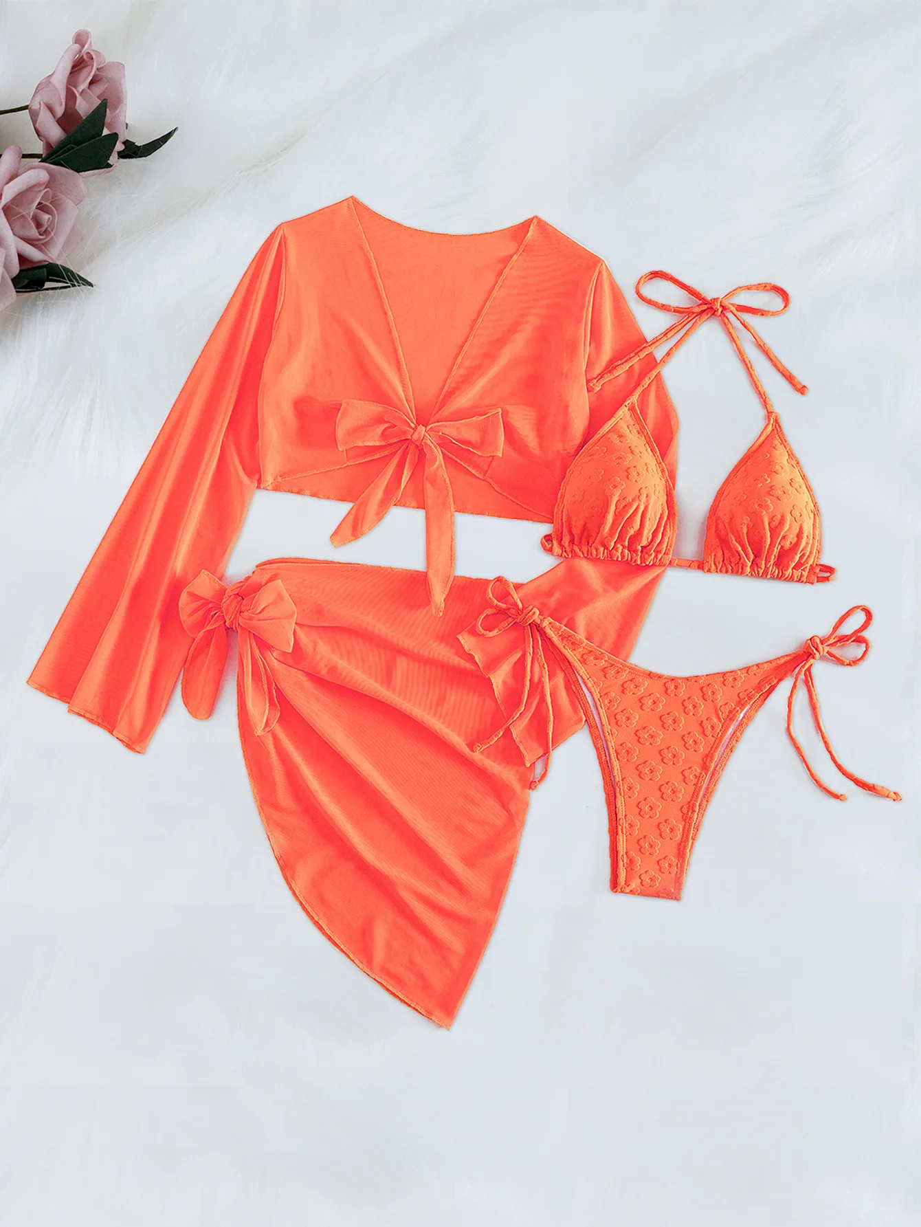 Bikini-Set für Damen, einfarbig, Orange, 4-teiliger Badeanzug, langärmelig, Überzüge, Strandrock, geteilte Badebekleidung, Badeanzug, 2025, neu