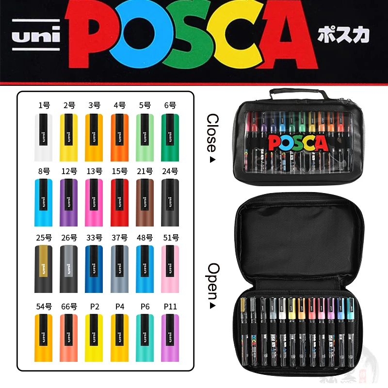 Uni POSCA 24pcs Mixed Markers With Transaprent Handbag Suit ,PC-3M 5M Acrylic Graffiti plumones colores Combine Set For Gifts