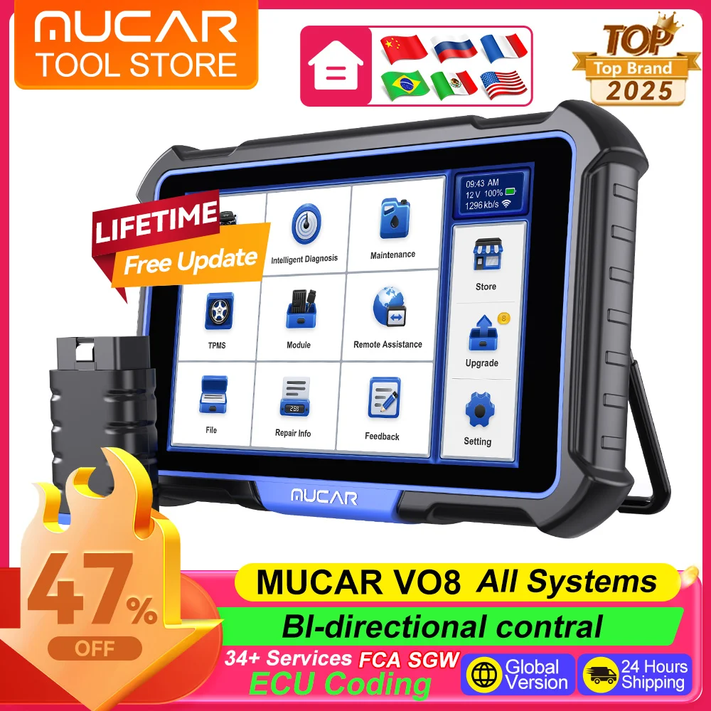 MUCAR VO8 Diagnostic Tools Full System OBD2 Scanner With ECU Coding 34 Reset Lifetime Free Update Professional Car Scan Tools