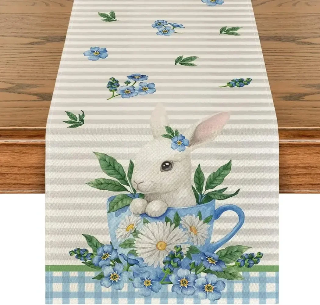 Blue Cup Bunny Forget Me Not Stripes Easter Linen Table Runner Durable for Holiday Party Decorations Home Dining Table Decor