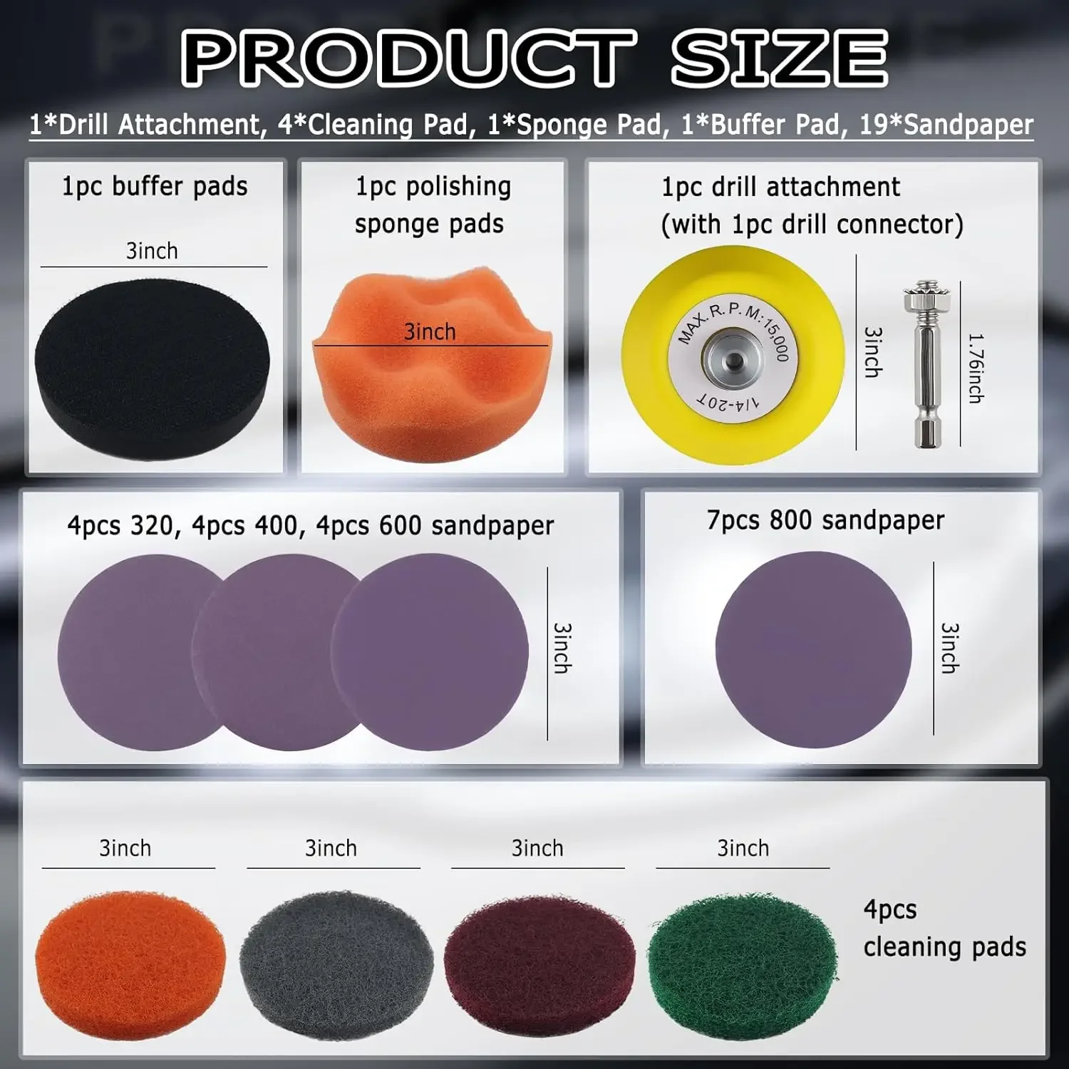 3 Inch Car Headlight Restoration Kit 27 Pcs with Polishing Sponge Sanding Plate Sandpapers Drill Attachment for Headlights