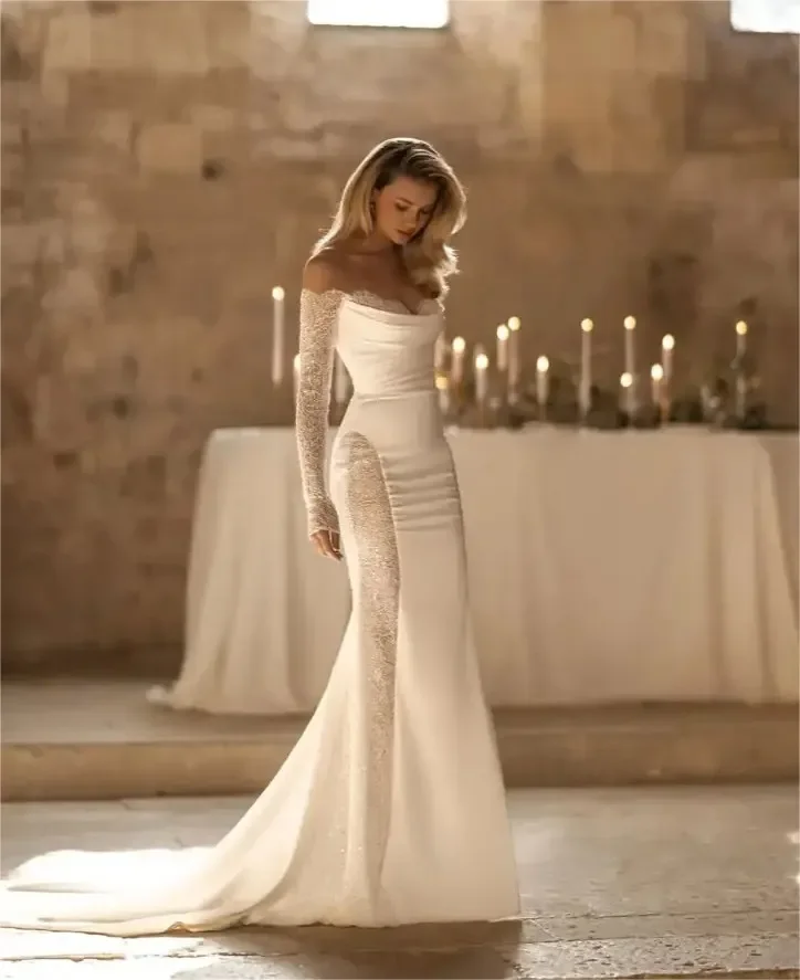 Mermaid Luxury new sequin patchwork wedding dress Sexy sweetheart strapless long sleeve sweep train beach bridal dress 2024