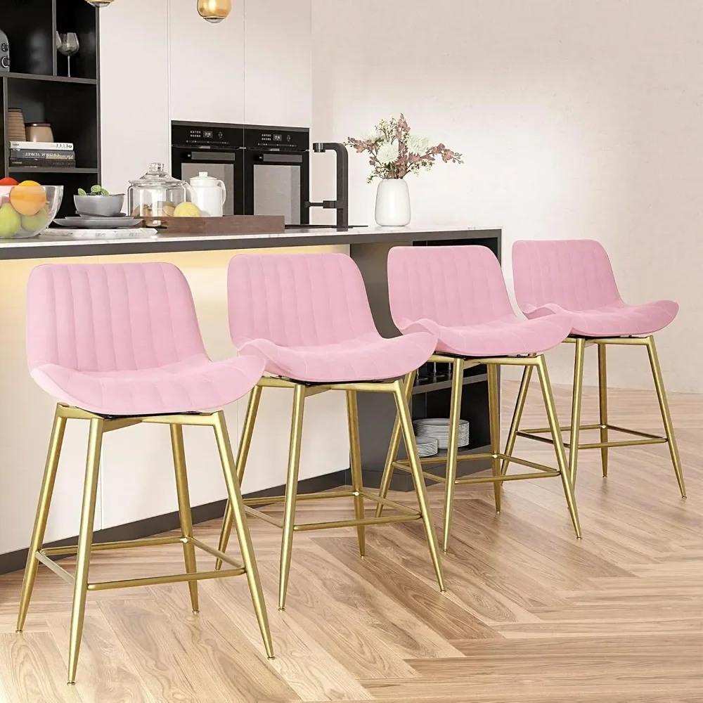 

24" Pink Swivel Bar Stools Set of 4, Counter Height Bar Stools with Back, 360° Swivel Bar Chairs with Gold Metal Legs & Footrest