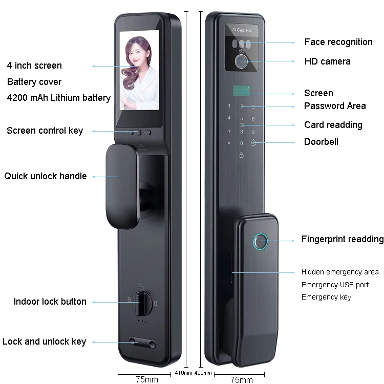 Video intercom remote monitoring keyless Electronic digital 3D face recognition smart door lock handle fingerprint with