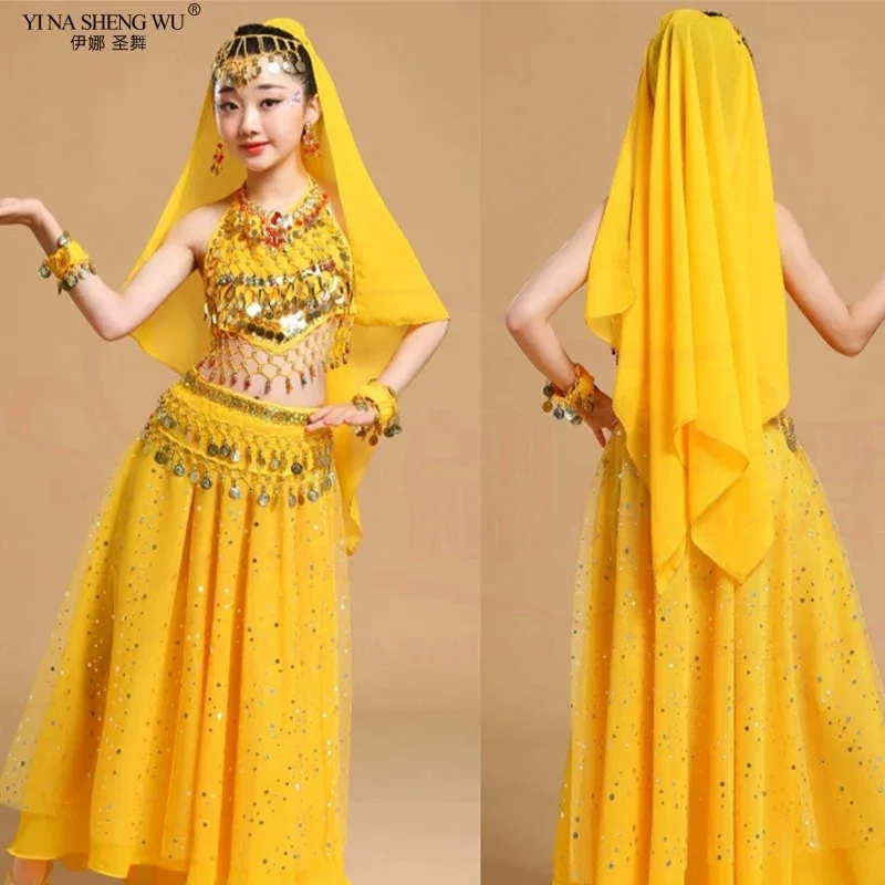 2025 ♥ New Kid Belly Costumes Set Chiffon Girl Indian Dance Stage Performance Clothing Sequin Skirt for Child/Adult Ind ☆★