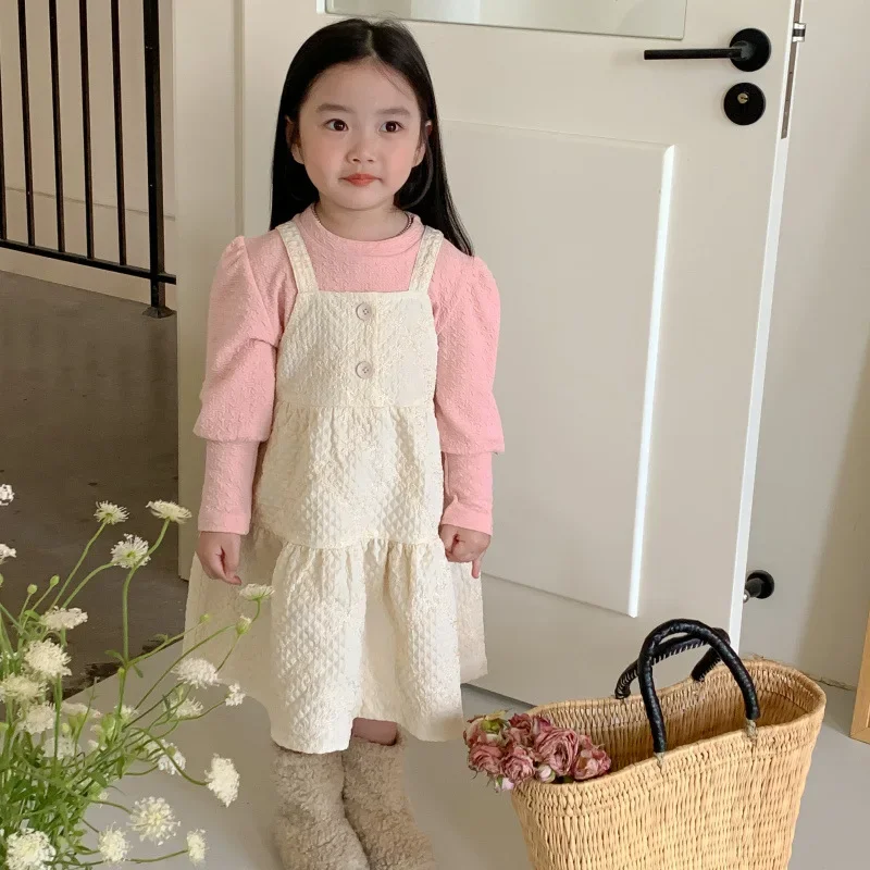 Girls Dress Set Fashion 2023 Autumn Winter Fashion Puff Sleeve Casual Blouse Sundress Two Piece Set Kids Clothes for Girls