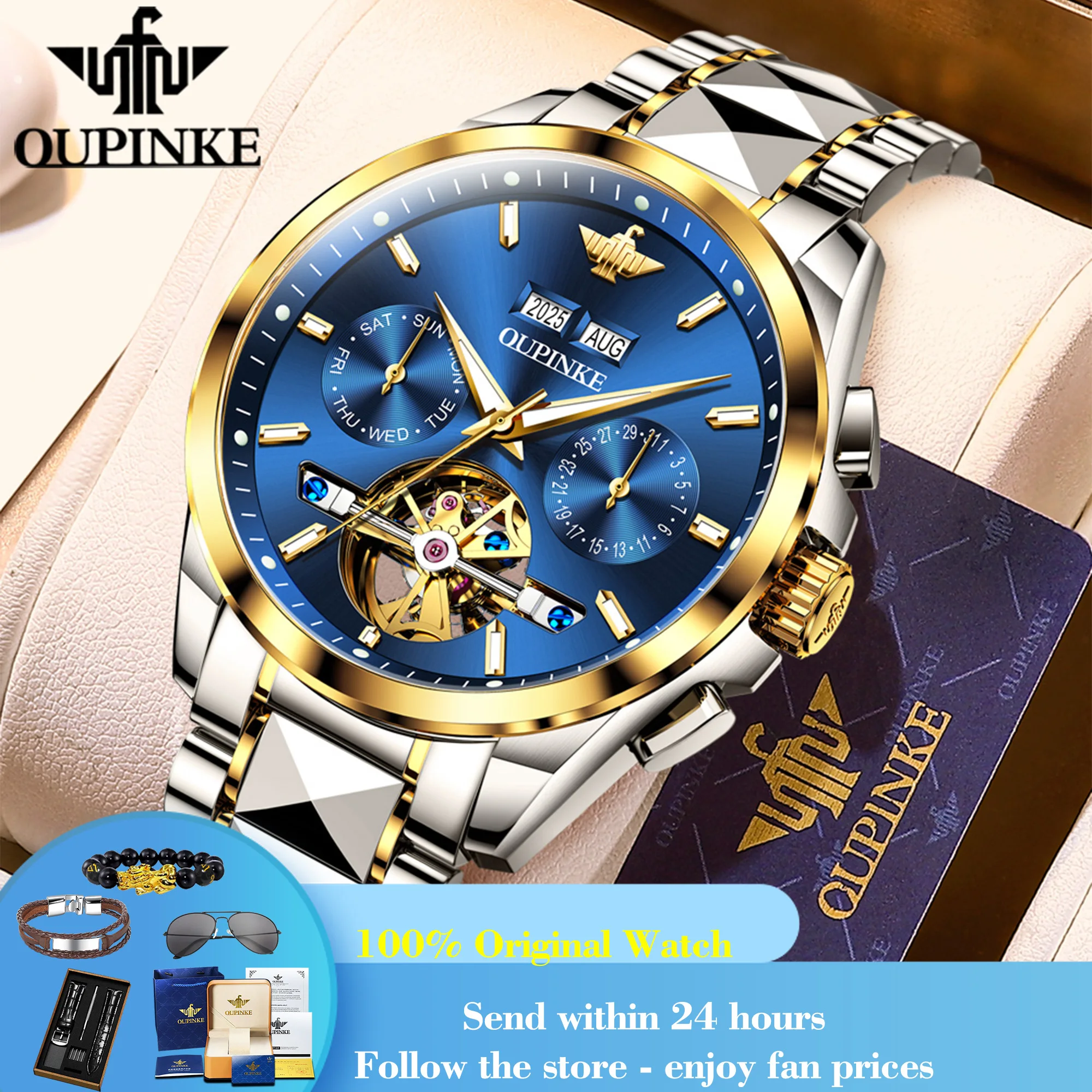 

OUPINKE 3290 Automatic Man Watch Hollow Skeleton Business Mechanical Watch For Men Week Date Display Waterproof Men's Wristwatch