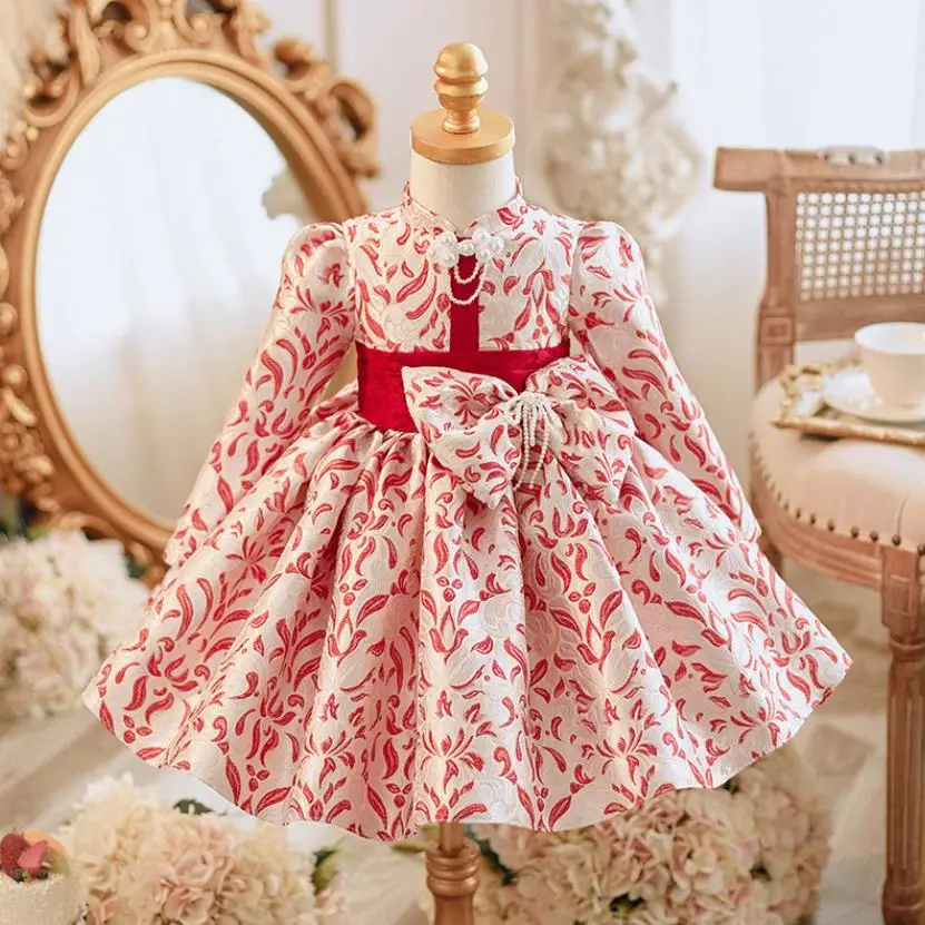 Children's Evening Gown Bow Long Sleeve Print Design Kids Catwalk Wedding Birthday Baptism Eid Party Girls Dress A3422