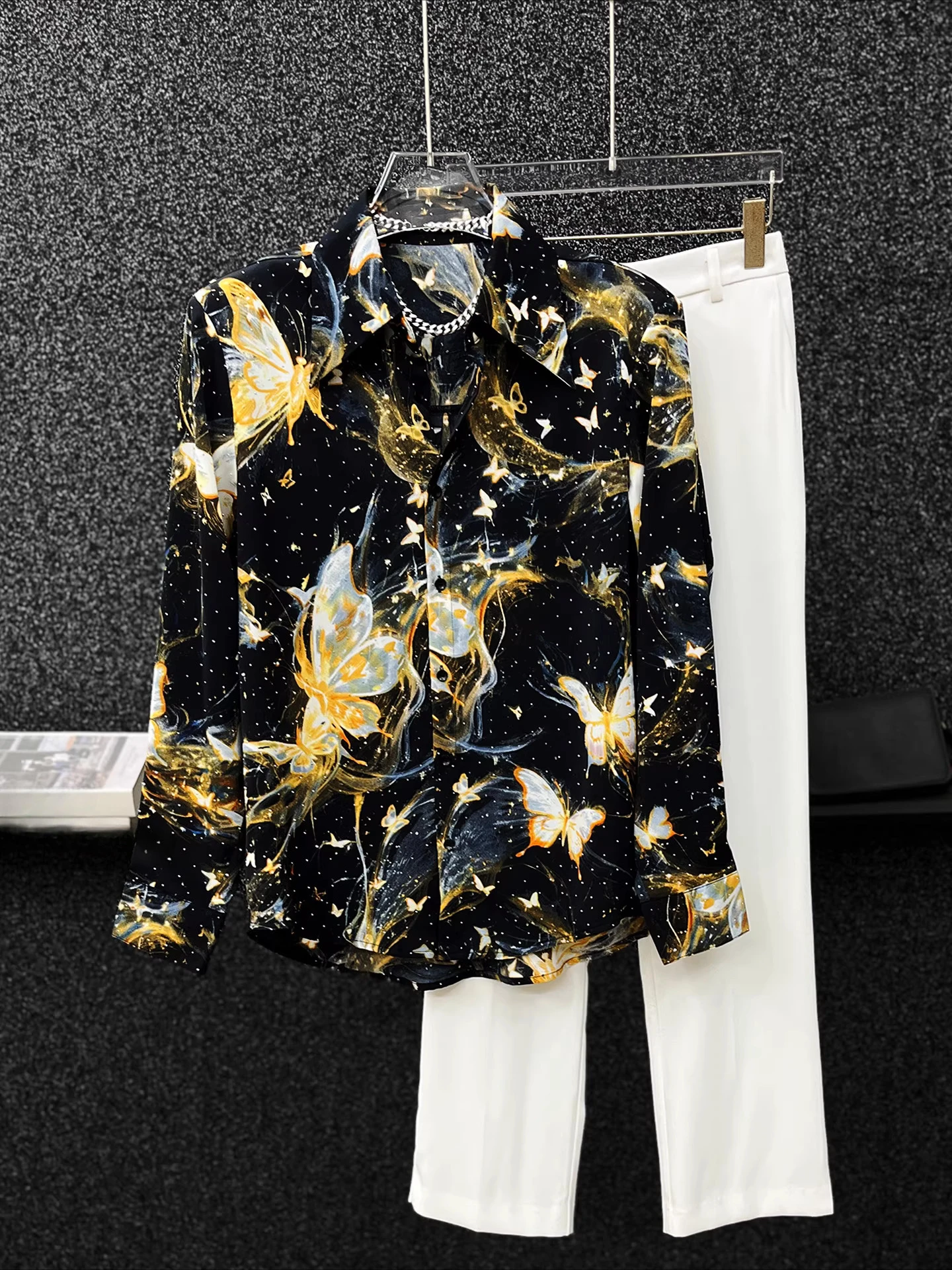 Butterfly Jacquard Shirts Men's 2025 Summer New Chiffon Shoulder Pad Trendy Loose Long Sleeve Tops Starry Sky Hot Diamond Shirt