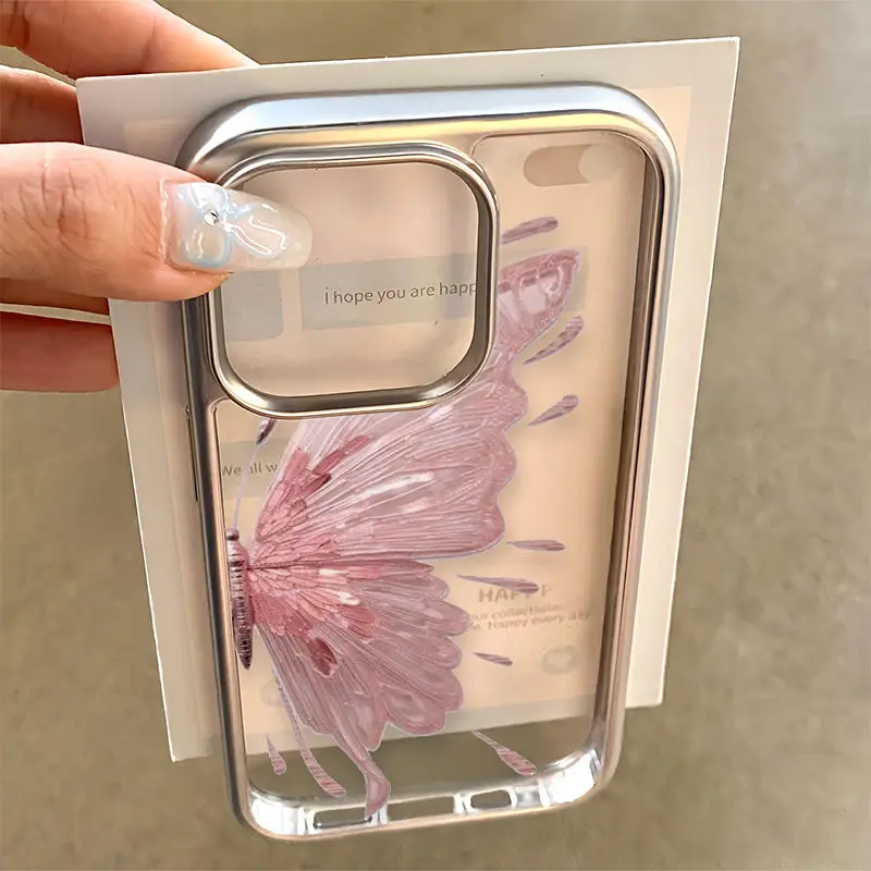 Pink Butterfly Necklace Phone Case for iPhone 16 15 14 13 12 11 Pro Max XS X XR 8 7 Plus SE Y2K Soft Clear Cover