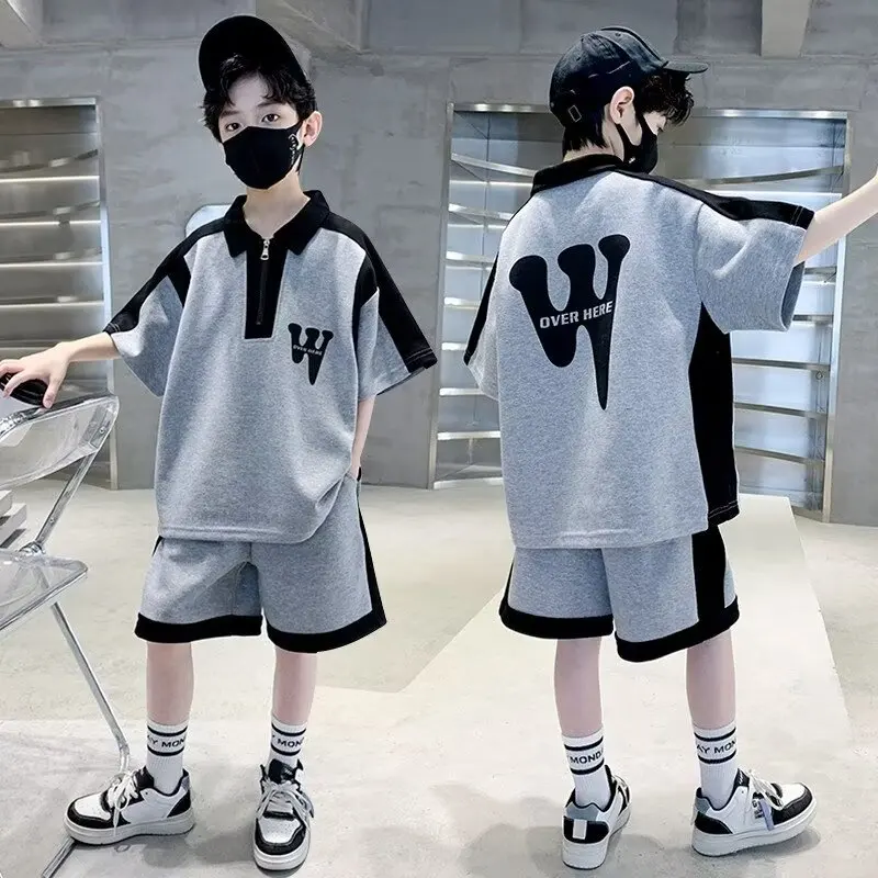 New Summer Boys Girls Set Korean High Street Fashion Kids Letter Printed Tees Shorts 2 Piece Set High Quality Children's Suit