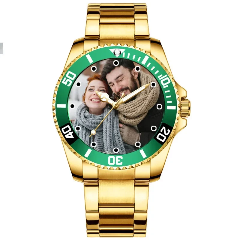 Gouden Mannen Horloge Custom Foto Horloge Roestvrij Staal Afdruk Klok Logo Foto Aangepaste Foto 'S Polshorloge Polshorloge