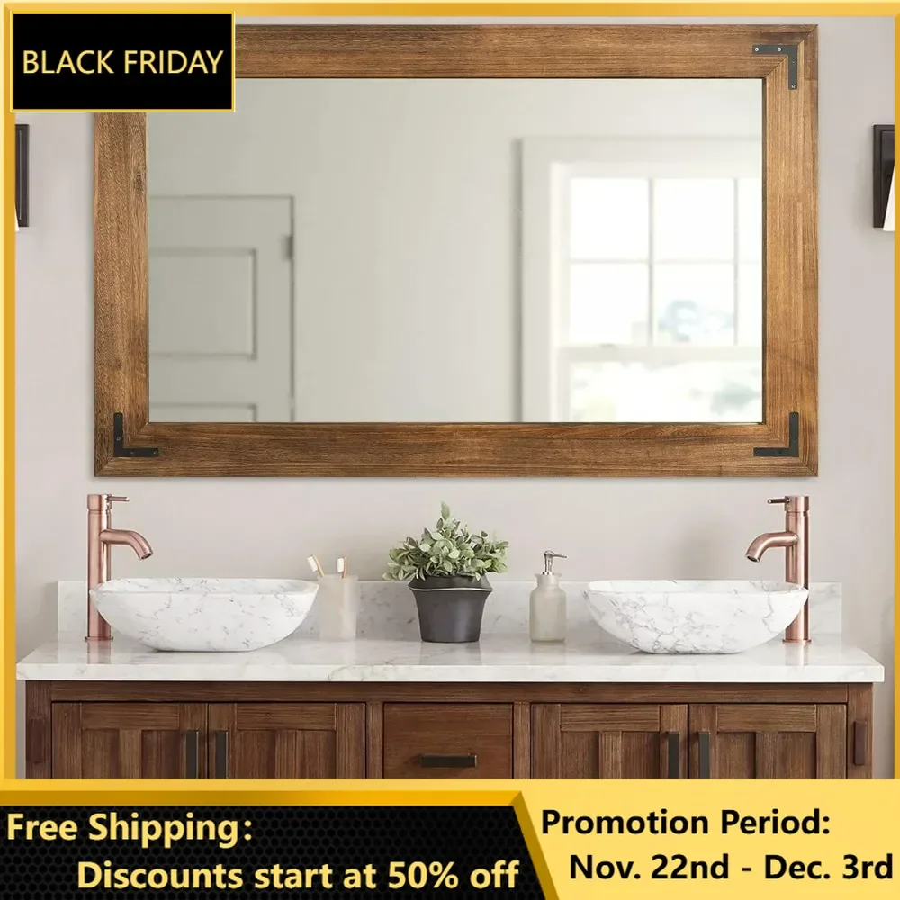 Wooden Framed Wall Mirror, Natural Wood Bathroom Vanity Mirror for Farmhouse Decor, Vertical or Horizontal Hanging, Mirror