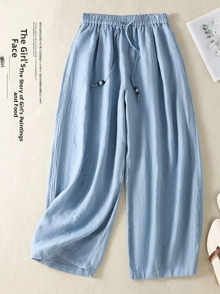 

Artistic Minimalist Cotton Linen Wide Leg Pants Women Summer Thin Breathable Elastic Waist Rope Slimming Nine Points Casual P...