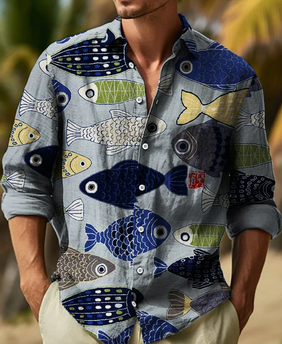 Men's retro casual shirt, fashionable and simple linen spring and autumn creative art print shirt, fast delivery - Image 2