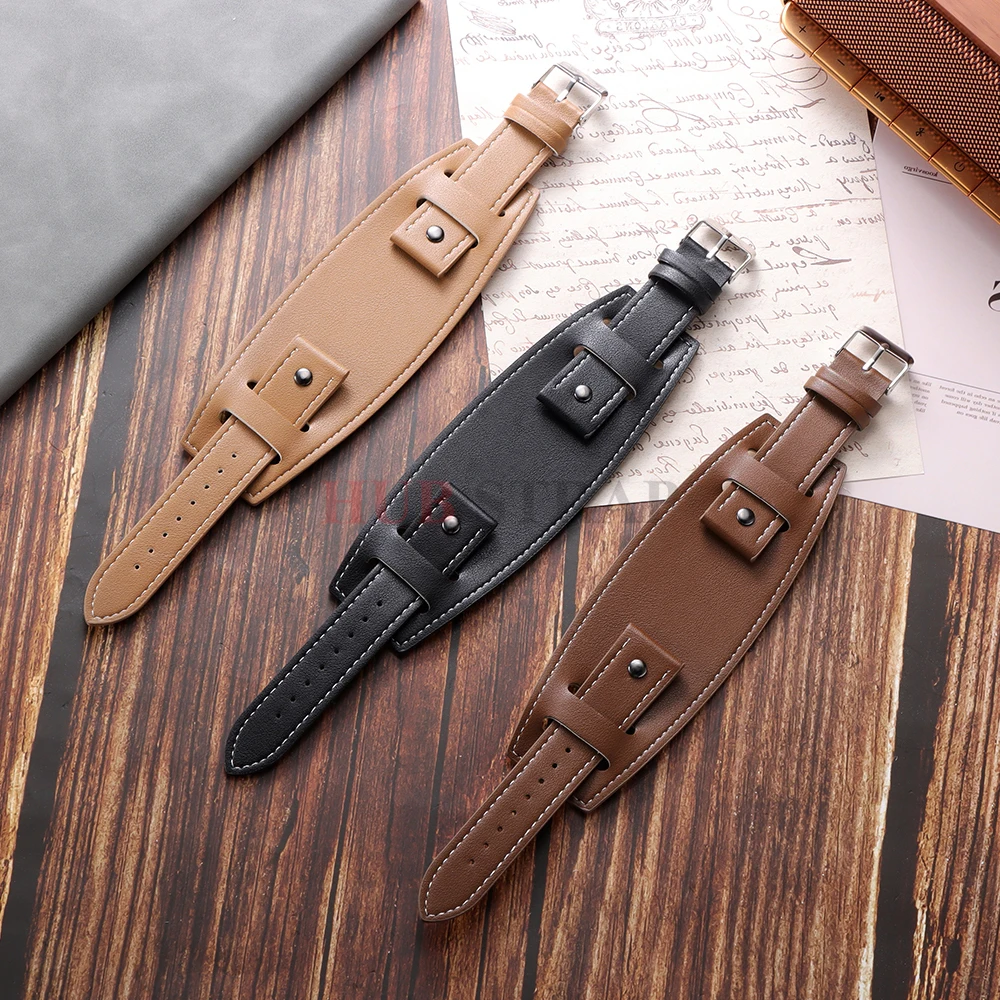 Мужской ремешок для часов Bund, 20 22, 24 мм, ремешок для часов из искусственной кожи, браслет-манжета, темно-коричневый, черный, светло-коричневый цвет, ремешок для часов