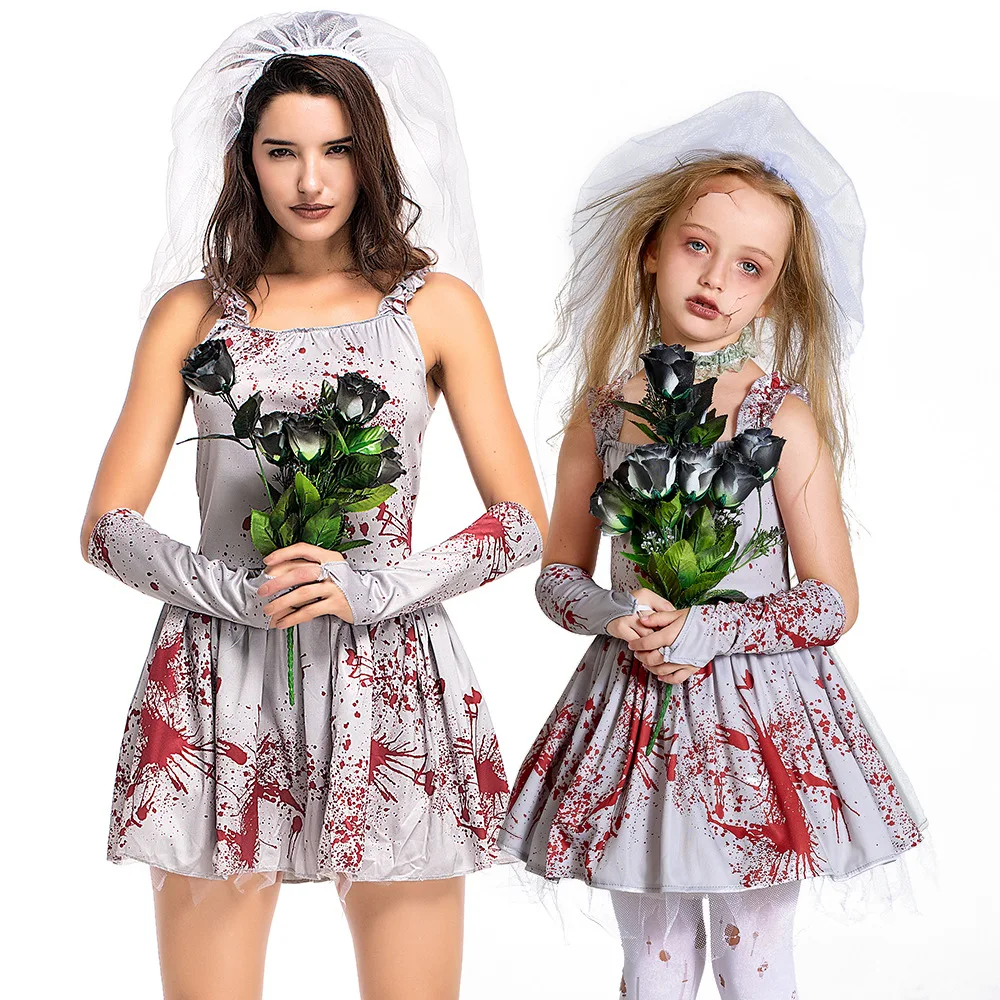 Halloween Costume Child Adult Scary Grey Bloodstained Ghost Bride Masquerade Ball Dress Sexy Sling Tutu Sets for Girls 2024 New