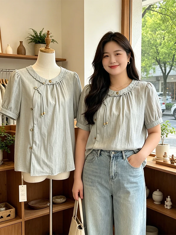

Loose Women's Summer Shirt New Chinese Style Retro Collar Fashionable Short Sleeve Casual Business Lady's Top Open Cardigan