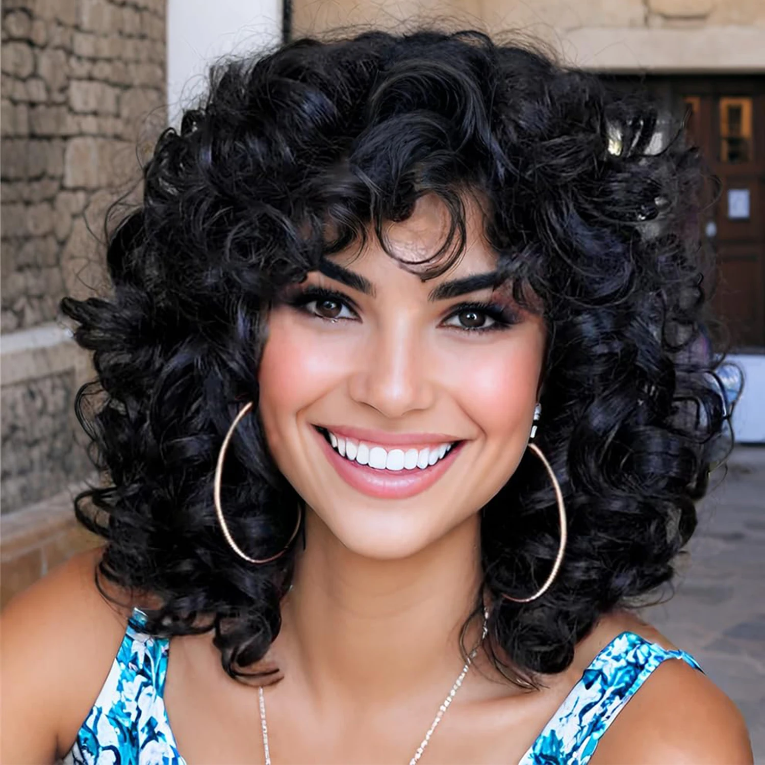 Short Curly Wigs for Black Women Soft Black Big Curly Wig with Bangs Afro Kinky Curls Heat Resistant Natural Looking Synthetic
