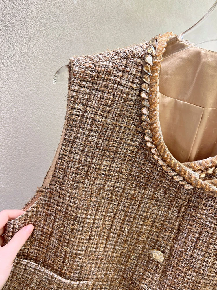 Autumn Winter Tweed Luxury Diamond Cotton Vest Women Sleeveless Quilted Pocket Vest Female O Neck Single Breasted Waistcoat