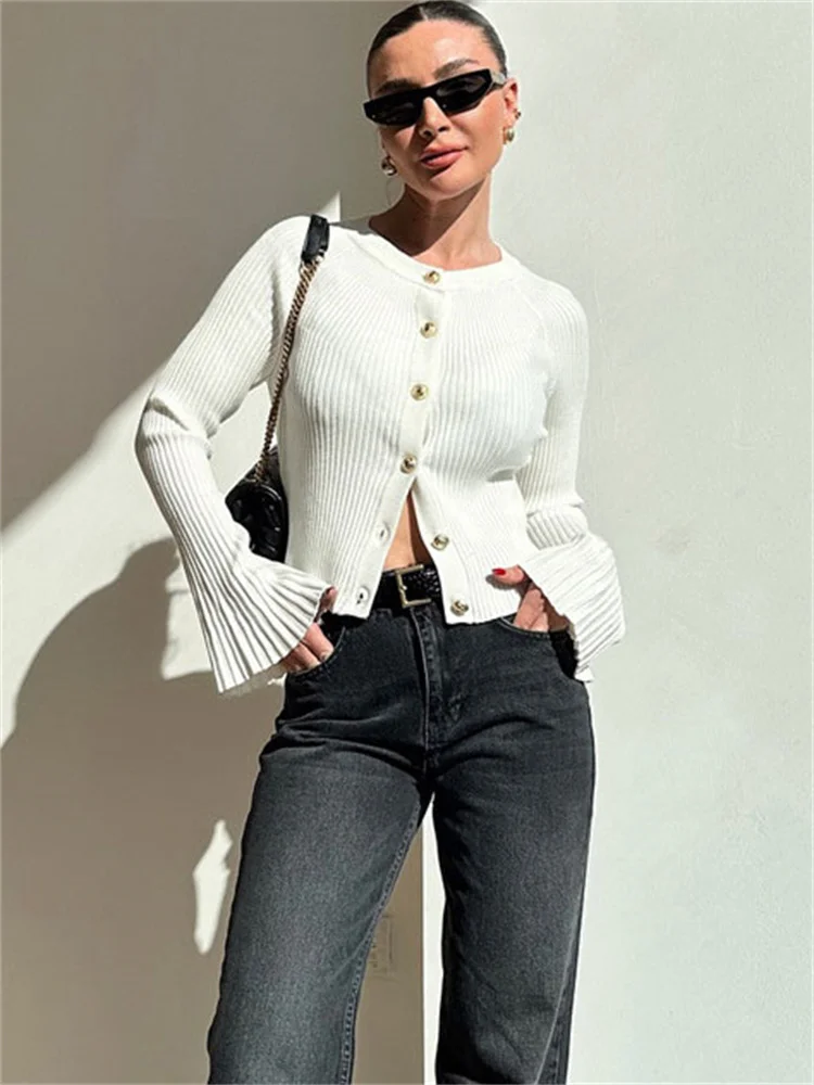 Tossy White Knitwear Ribbed Sweater Cardigan For Women Long Sleeve Loose Patchwork Solid Outwear Clothes Female Knit Cardigan