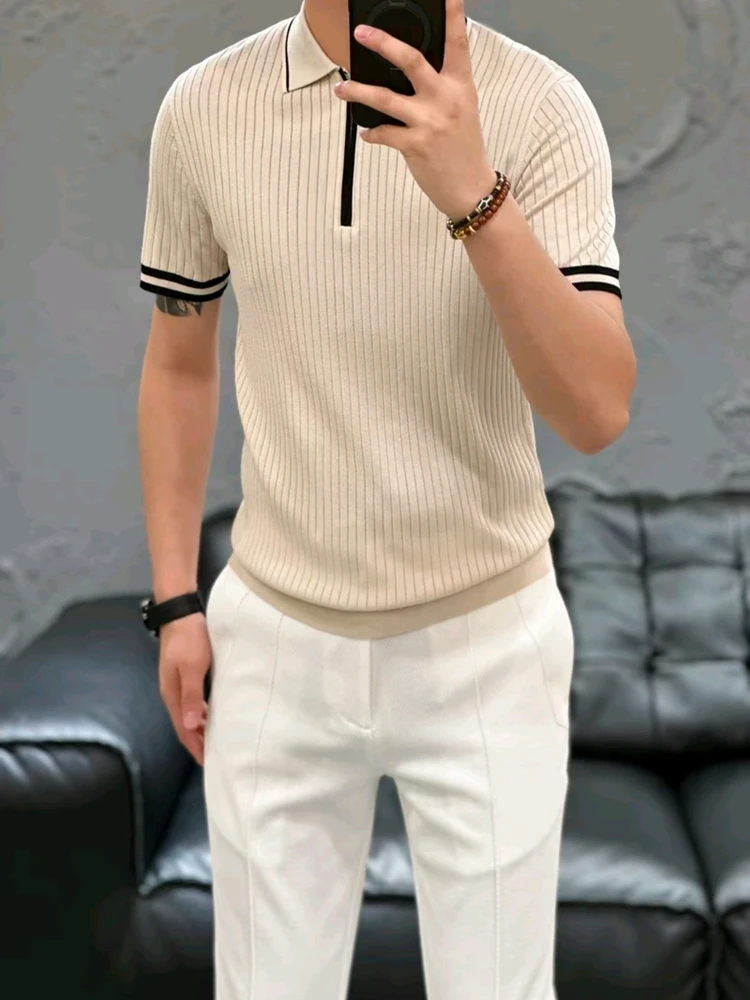 

Высококачественная модная мужская трикотажная рубашка с коротким рукавом на молнии, для весенне-осеннего сезона, деловой повседневный европейский стиль