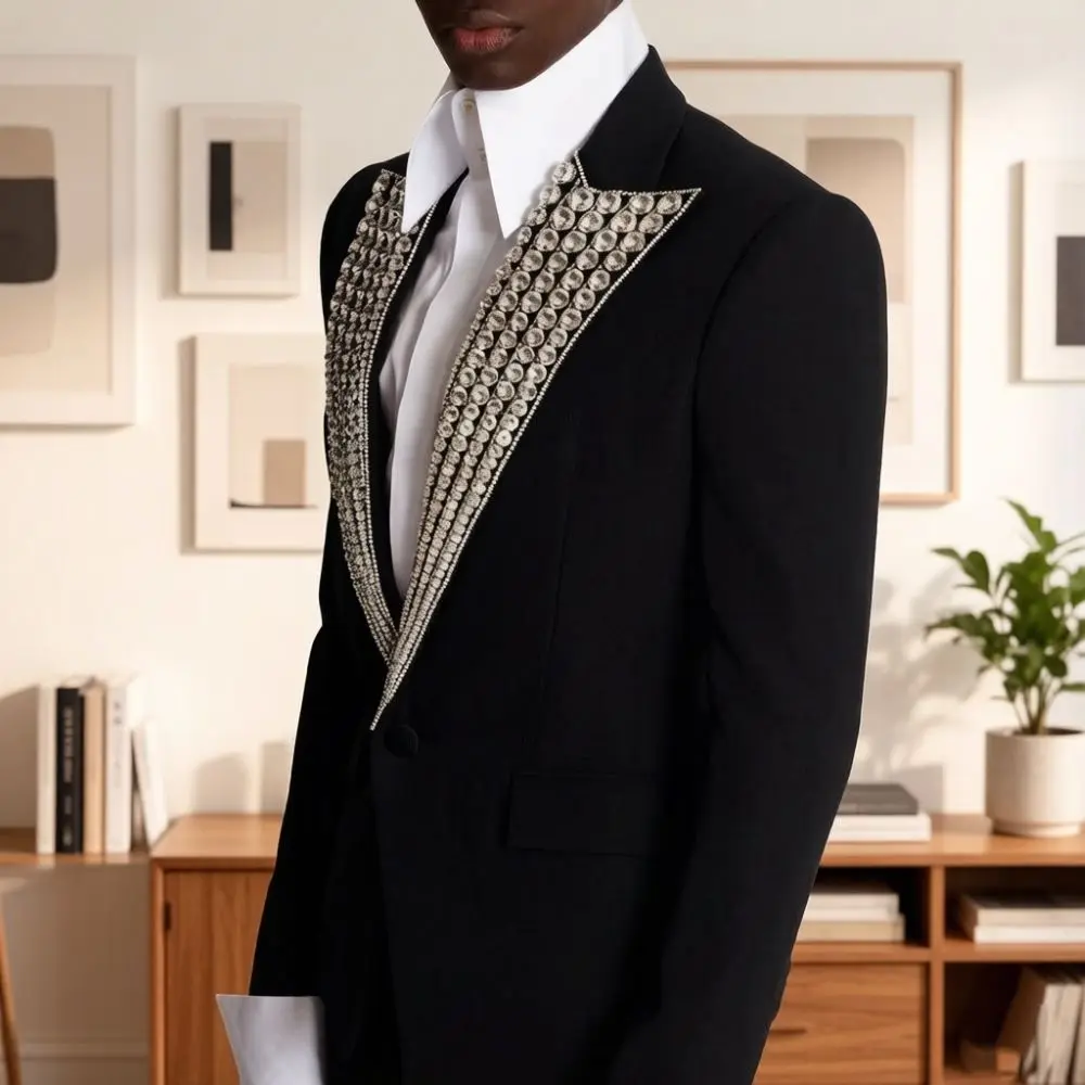 Costumes de Luxe Perlés pour Hommes Coupe Slim 2 Pièces Sur Mesure pour Marié, Revers Pointus, Mix &