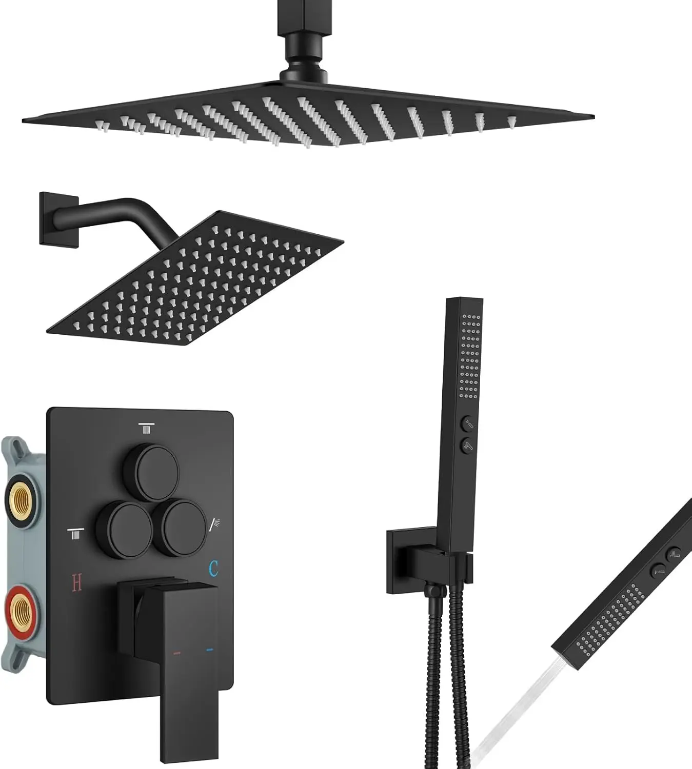 

Ceiling Mount Shower System with Dual Heads & Handheld Spray, Push Button Diverter, Matte Black