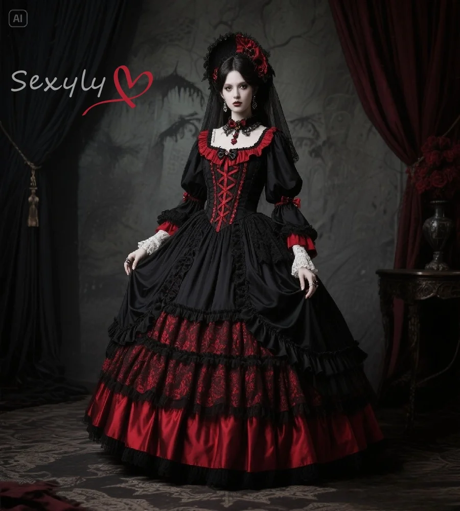 

Romantic Victorian Gothic Wedding Dress Black With Red Halloween Costume Witch Bridal Dress 2025 Renaissance 80s BrideCustomized