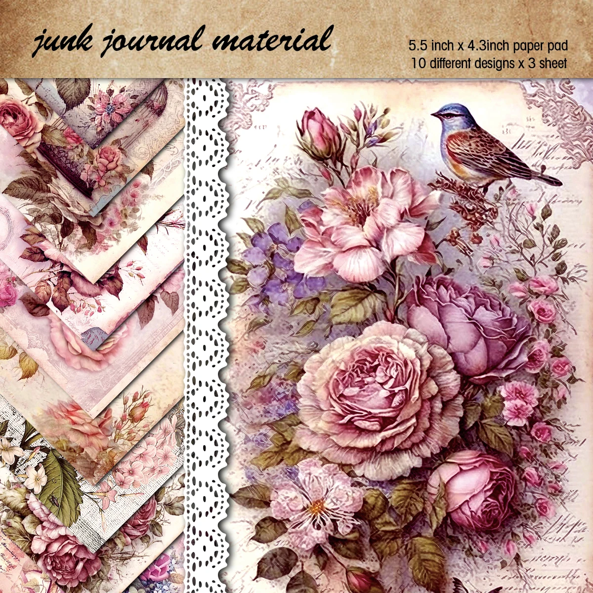 30pcs Vintage Rose Scrapbook Paper Pad,Floral Single-Sided Decorative Craft Paper for DIY Crafts,Album Art,Scrapbooking Supplies